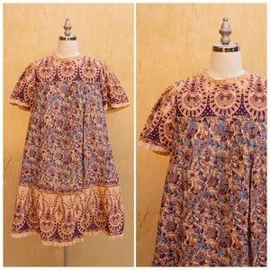 Anthropologie Block Print Lace Trim Ruffle Neck Mini Dress Bohemian Folk XS/S